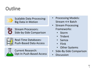Outline
• Processing Models:
Stream ↔ Batch
• Stream Processing
Frameworks:
• Storm
• Trident
• Samza
• Flink
• Other Syst...