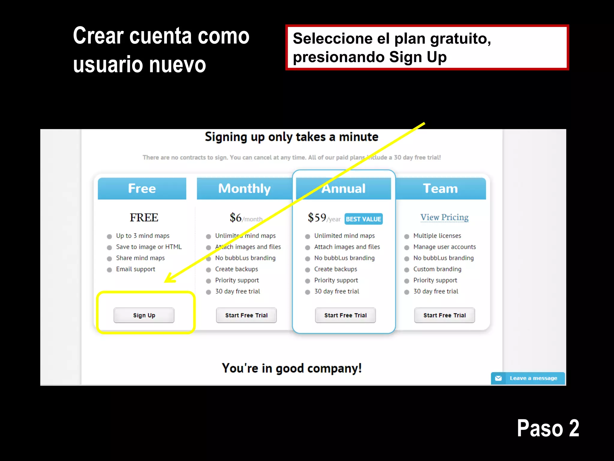 Crear cuenta como
usuario nuevo
Seleccione el plan gratuito,
presionando Sign Up
Paso 2
 