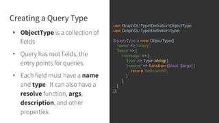Creating a Query Type
‣ ObjectType is a collection of
fields
‣ Query has root fields, the
entry points for queries.
‣ Each field must have a name
and type. It can also have a
resolve function, args,
description, and other
properties.
use GraphQLTypeDefinitionObjectType;
use GraphQLTypeDefinitionType;
$queryType = new ObjectType([
'name' => 'Query',
'fields' => [
'message' => [
'type' => Type::string(),
'resolve' => function ($root, $args) {
return 'hello world';
}
],
]
]);
 