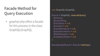 Facade Method for
Query Execution
‣ graphql-php oﬀers a facade
for this process in the class
GraphQLGraphQL
use GraphQLGraphQL;
$result = GraphQL::executeQuery(
$schema,
$queryString,
$rootValue = null,
$context = null,
$variableValues = null,
$operationName = null,
$fieldResolver = null,
$validationRules = null
);
$serializableResult = $result->toArray();
 