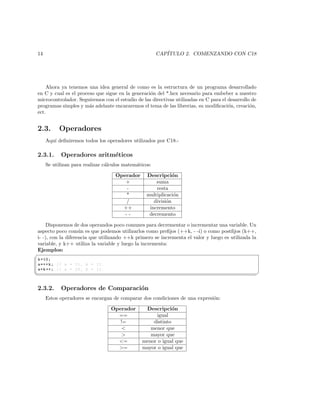14                                                     CAP´
                                                          ITULO 2. COMENZANDO CON C18




    Ahora ya tenemos una idea general de como es la estructura de un programa desarrollado
en C y cual es el proceso que sigue en la generaci´n del *.hex necesario para embeber a nuestro
                                                  o
microcontrolador. Seguiremos con el estudio de las directivas utilizadas en C para el desarrollo de
programas simples y m´s adelante encararemos el tema de las librerias, su modiﬁcaci´n, creaci´n,
                       a                                                              o         o
ect.


2.3.       Operadores
     Aqu´ deﬁniremos todos los operadores utilizados por C18.-
        ı

2.3.1.     Operadores aritm´ticos
                           e
     Se utilizan para realizar c´lculos matem´ticos:
                                a            a

                                    Operador     Descripci´n o
                                       +             suma
                                        -            resta
                                       *         multiplicaci´n
                                                             o
                                       /            divisi´n
                                                          o
                                      ++          incremento
                                       --         decremento

     Disponemos de dos operandos poco comunes para decrementar o incrementar una variable. Un
aspecto poco com´n es que podemos utilizarlos como preﬁjos (++k, - -i) o como postﬁjos (k++,
                    u
i- -), con la diferencia que utilizando ++k primero se incrementa el valor y luego es utilizada la
variable, y k++ utiliza la variable y luego la incrementa:
Ejemplos:
§
 k =10;
 a =++ k ; // a = 11 , k = 11.
 a = k ++; // a = 10 , k = 11.
¦
                                                                                                     ¥


2.3.2.     Operadores de Comparaci´n
                                  o
     Estos operadores se encargan de comparar dos condiciones de una expresi´n:
                                                                            o

                                  Operador      Descripci´n o
                                    ==              igual
                                     !=            distinto
                                                 menor que
                                                 mayor que
                                    =         menor o igual que
                                    =         mayor o igual que
 
