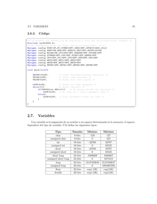 2.7. VARIABLES                                                                                   19

2.6.3.    C´digo
           o
§
/* ** Archivo con definicion de registros y bits del mi c r o c o n t r o l a d o r elegido */
# include  p18f2550 .h 
/* ** Configuracion de los Fuses del m i c r o c o n t r o l a d o r ** */
# pragma config FOSC = XT_XT , FCMEN = OFF , IESO = OFF , CPUDIV = OSC1_PLL2
# pragma config PWRT = ON , BOR = OFF , BORV =0 , WDT = OFF , WDTPS =32768
# pragma config MCLRE = ON , LPT1OSC = OFF , PBADEN = OFF , CCP2MX = OFF
# pragma config STVREN = OFF , LVP = OFF , XINST = OFF , DEBUG = OFF
# pragma config CP0 = OFF , CP1 = OFF , CP2 = OFF , CPB = OFF , CPD = OFF
# pragma config WRT0 = OFF , WRT1 = OFF , WRT2 = OFF
# pragma config WRTB = OFF , WRTC = OFF , WRTD = OFF
# pragma config EBTR0 = OFF , EBTR1 = OFF , EBTR2 = OFF , EBTRB = OFF

void main ( void ){

    ADCON1 =0 x0F ;         /* Todos entradas / salidas digitales */
    TRISA =0 xFF ;          /* Todos como entradas */
    TRISB =0 xF0 ;          /* Nible bajo como salida */

    LATB =0 x00 ;             /* Todos los leds apagados */
    while (1){                /* Bucle infinito */
         if ( PORTAbits . RA0 ==1){   /* Se testea estado del pulsador */
               LATB =0 x00 ; /* Si esta en 1 logico apagamos leds */
         } else {
               LATB =0 x0F ; /* Sino encedemos todos los leds */
         }
    }
}
¦
                                                                                                     ¥



2.7.     Variables
   Una variable es la asignaci´n de un nombre a un espacio determinado en la memoria, el espacio
                              o
depender´ del tipo de variable. C18 deﬁne los siguientes tipos:
        a

                         Tipo           Tama˜ o
                                              n       M´ınimo       M´ximo
                                                                       a
                          char           8-bits         -128           127
                    unsigned char        8-bits           0            255
                            int          16-bits       -32768         32767
                     unsigned int        16-bits          0           65535
                          short          16-bits       -32768         32767
                    unsigned short       16-bits          0           65535
                       short long        24-bits      -8388608       8388607
                  unsigned short long    24-bits          0          1677215
                           long          32-bits    -2147483648    2147483647
                    unsigned long        32-bits          0        4294967295
                          ﬂoat           32-bits      exp(-126)     exp(128)
                         double          32-bits      exp(-126)     exp(128)
 