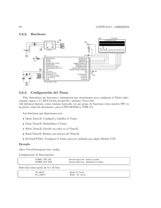 70                                                               CAP´
                                                                     ITULO 5. LIBRER´
                                                                                    IAS

 5.6.2.     Hardware




 5.6.3.     Conﬁguraci´n del Timer
                      o
     Para determinar las funciones y par´metros que necesitamos para conﬁgurar el Timer selec-
                                        a
 cionado vamos a C:/MCC18/doc/periph-lib y abrimos Timer.htm
 All´ debemos ﬁjarnos, como venimos haciendo, en que grupo de funciones entra nuestro PIC en
    ı
 la primer tabla del documento, para el PIC18F2550 es TMR V2.

      Las funciones que disponemos son:

        Open TimerX: Conﬁgura y habilita el Timer.
        Close TimerX: Deshabilita el Timer.
        Write TimerX: Escribe un valor en el TimerX.
        Read TimerX: Realiza una lectura del TimerX.
        SetTmrCCPSrc: Conﬁgura el Timer para ser utilizado por alg´n M´dulo CCP.
                                                                  u   o

 Ejemplo:

 Open Timer0(unsigned char conﬁg)

Conﬁguraci´n de Interrupci´n:
          o               o
§
                TIMER_INT_ON                  Interrupcion habilitada
                TIMER_INT_OFF                 Interrupcion deshabilitada
¦
                                                                                                ¥
 Selecci´n entre modo de 8 o 16 bits:
        o
§
                T0_8BIT                       Modo 8 bits
                T0_16BIT                      Modo 16 bits
¦
                                                                                                ¥
 