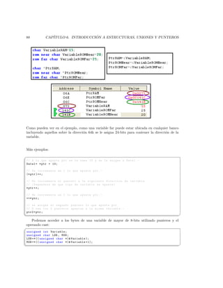 88          CAP´                  ´
               ITULO 6. INTRODUCCION A ESTRUCTURAS, UNIONES Y PUNTEROS




Como pueden ver en el ejemplo, como una variable far puede estar ubicada en cualquier banco
incluyendo aquellos sobre la direcci´n 64k se le asigna 24-bits para contener la direcci´n de la
                                    o                                                   o
variable.


M´s ejemplos:
 a
§
// A lo que apunta ptr se le suma 10 y se le asigna a Data1 . -
Data1 = * ptr + 10;

// Se incrementa en 1 lo que apunta ptr . -
(* ptr )++;

// Se incrementa el puntero a la siguiente direccion de variable
// ( Dependera de que tipo de variable se apunta )
* ptr ++;

// Se incrementa en 1 lo que apunta ptr . -
++* ptr ;

// se asigna al segundo puntero lo que apunta ptr .
// O sea los 2 punteros apuntan a la misma variable . -
ptr2 = ptr ;
¦
                                                                                                  ¥
   Podemos acceder a los bytes de una variable de mayor de 8-bits utilizado punteros y el
operando cast:
§
unsigned int Variable ;
unsigned char LSB , MSB ;
LSB =*(( unsigned char *) Variable );
MSB =*(( unsigned char *) Variable +1);
¦
                                                                                                  ¥
 