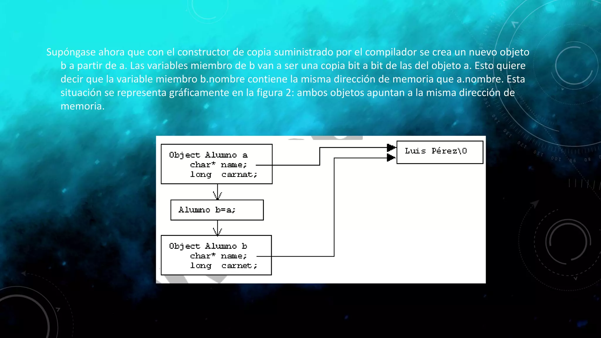 Supóngase ahora que con el constructor de copia suministrado por el compilador se crea un nuevo objeto
b a partir de a. Las variables miembro de b van a ser una copia bit a bit de las del objeto a. Esto quiere
decir que la variable miembro b.nombre contiene la misma dirección de memoria que a.nombre. Esta
situación se representa gráficamente en la figura 2: ambos objetos apuntan a la misma dirección de
memoria.
 