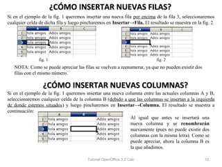 ¿CÓMO INSERTAR NUEVAS FILAS?
Si en el ejemplo de la fig. 1 queremos insertar una nueva fila por encima de la fila 3, seleccionaremos
cualquier celda de dicha fila y luego pincharemos en Insertar→Fila. El resultado se muestra en la fig. 2




               fig. 1                                                     fig. 2
   NOTA: Como se puede apreciar las filas se vuelven a reenumerar, ya que no pueden existir dos
   filas con el mismo número.

                 ¿CÓMO INSERTAR NUEVAS COLUMNAS?
Si en el ejemplo de la fig. 1 queremos insertar una nueva columna entre las actuales columnas A y B,
seleccionaremos cualquier celda de la columna B (debido a que las columnas se insertan a la izquierda
de donde estemos situados) y luego pincharemos en Insertar→Columna. El resultado se muestra a
continuación:
                                                            Al igual que antes se insertará una
                                                            nueva columna y se renombrarán
                                                            nuevamente (pues no puede existir dos
                                                            columnas con la misma letra). Como se
                                                            puede apreciar, ahora la columna B es
                                                            la que añadimos.

                                        Tutorial OpenOffice 3.2 Calc                               10
 