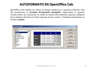 AUTOFORMATO EN OpenOffice Calc
OpenOffice Calc también nos ofrece un formato modelo por si queremos utilizarlo. Para
ello pincharemos en Formato→Formateado automático. Apareciendo la siguiente
ventana donde, tras seleccionar las celdas de nuestra tabla podremos aplicarle cualquiera
de los modelos ofrecidos en el lado izquierdo de esta ventana. Finalmente pincharemos en
el botón Aceptar.




                               Tutorial OpenOffice 3.2 Calc                                 18
 