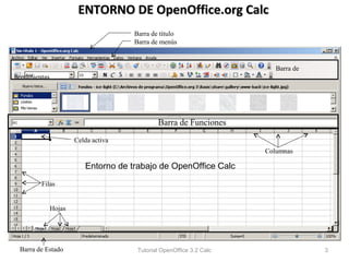 ENTORNO DE OpenOffice.org Calc
                                      Barra de título
                                      Barra de menús


                                                                         Barra de
herramientas




                                              Barra de Funciones
                       Celda activa
                                                                      Columnas

                          Entorno de trabajo de OpenOffice Calc
         Filas


               Hojas




 Barra de Estado                       Tutorial OpenOffice 3.2 Calc                 3
 