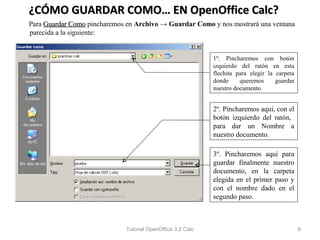¿CÓMO GUARDAR COMO… EN OpenOffice Calc?
Para Guardar Como pincharemos en Archivo → Guardar Como y nos mostrará una ventana
parecida a la siguiente:


                                                            1º. Pincharemos con botón
                                                            izquierdo del ratón en esta
                                                            flechita para elegir la carpeta
                                                            donde     queremos      guardar
                                                            nuestro documento.


                                                            2º. Pincharemos aquí, con el
                                                            botón izquierdo del ratón,
                                                            para dar un Nombre a
                                                            nuestro documento.

                                                            3º. Pincharemos aquí para
                                                            guardar finalmente nuestro
                                                            documento, en la carpeta
                                                            elegida en el primer paso y
                                                            con el nombre dado en el
                                                            segundo paso.



                             Tutorial OpenOffice 3.2 Calc                                     6
 