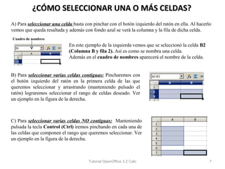 ¿CÓMO SELECCIONAR UNA O MÁS CELDAS?
A) Para seleccionar una celda basta con pinchar con el botón izquierdo del ratón en ella. Al hacerlo
vemos que queda resaltada y además con fondo azul se verá la columna y la fila de dicha celda.
Cuadro de nombres
                            En este ejemplo de la izquierda vemos que se seleccionó la celda B2
                            (Columna B y fila 2). Así es como se nombra una celda.
                            Además en el cuadro de nombres aparecerá el nombre de la celda.


B) Para seleccionar varias celdas contiguas: Pincharemos con
el botón izquierdo del ratón en la primera celda de las que
queremos seleccionar y arrastrando (manteniendo pulsado el
ratón) lograremos seleccionar el rango de celdas deseado. Ver
un ejemplo en la figura de la derecha.



C) Para seleccionar varias celdas NO contiguas: Manteniendo
pulsada la tecla Control (Ctrl) iremos pinchando en cada una de
las celdas que componen el rango que queremos seleccionar. Ver
un ejemplo en la figura de la derecha.



                                      Tutorial OpenOffice 3.2 Calc                                 7
 