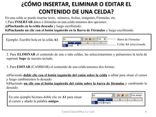 ¿CÓMO INSERTAR, ELIMINAR O EDITAR EL
              CONTENIDO DE UNA CELDA?
En una celda se puede insertar texto, números, fechas, imágenes, Fórmulas, etc.
1.Para INSERTAR datos o fórmulas en una celda tenemos dos opciones:
a)Pinchando en la celda deseada y luego escribiendo.
b)Pinchando un clic con el botón izquierdo en la Barra de Fórmulas y luego escribiendo.

Ejemplo: Escribir hola en la celda A1.                                        Barra de Fórmulas
                                                                              Celda A1 seleccionada


2. Para ELIMINAR el contenido de una o más celdas, las seleccionaremos y pulsaremos la tecla de
suprimir Supr de nuestro teclado.

3. Para EDITAR (CAMBIAR) el contenido de una celda tenemos dos formas:

a)Haciendo doble clic con el botón izquierdo del ratón sobre la celda a editar para situar el cursor
y luego cambiaremos lo deseado.
b)Haciendo un clic con el botón izquierdo del ratón sobre la barra de fórmulas y cambiando lo
deseado.

  En este ejemplo hicimos doble clic en A1 para situar
  el cursor y añadir la palabra amigos.

                                         Tutorial OpenOffice 3.2 Calc                             8
 