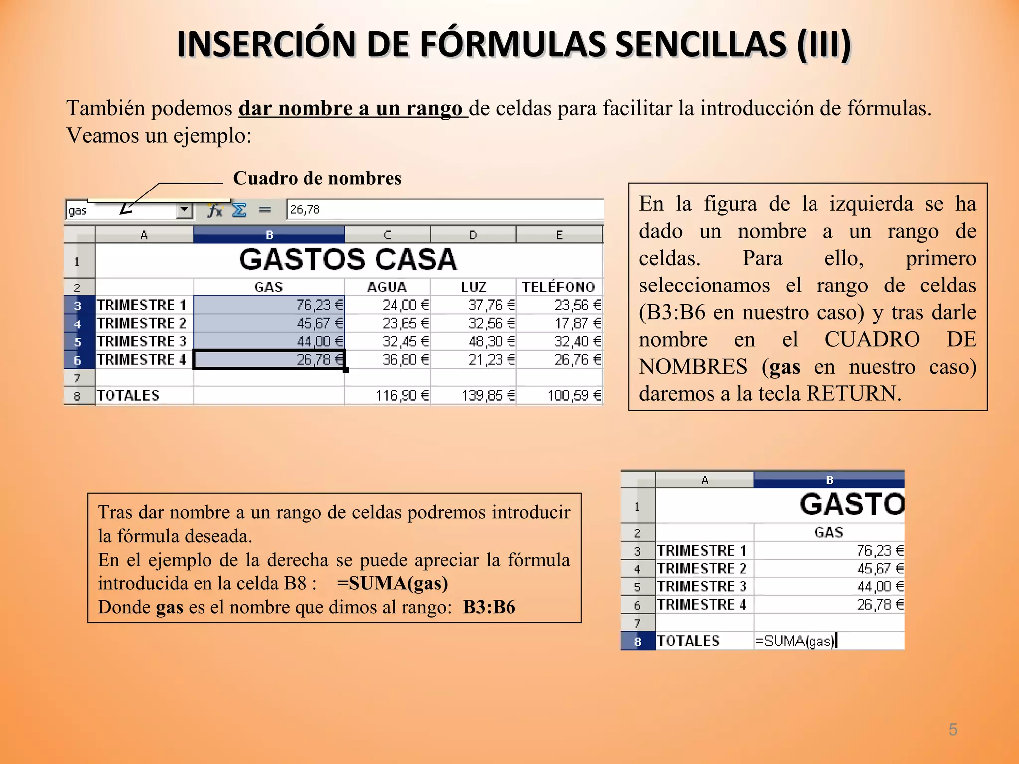 INSERCIÓN DE FÓRMULAS SENCILLAS (III)INSERCIÓN DE FÓRMULAS SENCILLAS (III)
5
También podemos dar nombre a un rango de celdas para facilitar la introducción de fórmulas.
Veamos un ejemplo:
En la figura de la izquierda se ha
dado un nombre a un rango de
celdas. Para ello, primero
seleccionamos el rango de celdas
(B3:B6 en nuestro caso) y tras darle
nombre en el CUADRO DE
NOMBRES (gas en nuestro caso)
daremos a la tecla RETURN.
Cuadro de nombres
Tras dar nombre a un rango de celdas podremos introducir
la fórmula deseada.
En el ejemplo de la derecha se puede apreciar la fórmula
introducida en la celda B8 : =SUMA(gas)
Donde gas es el nombre que dimos al rango: B3:B6
 