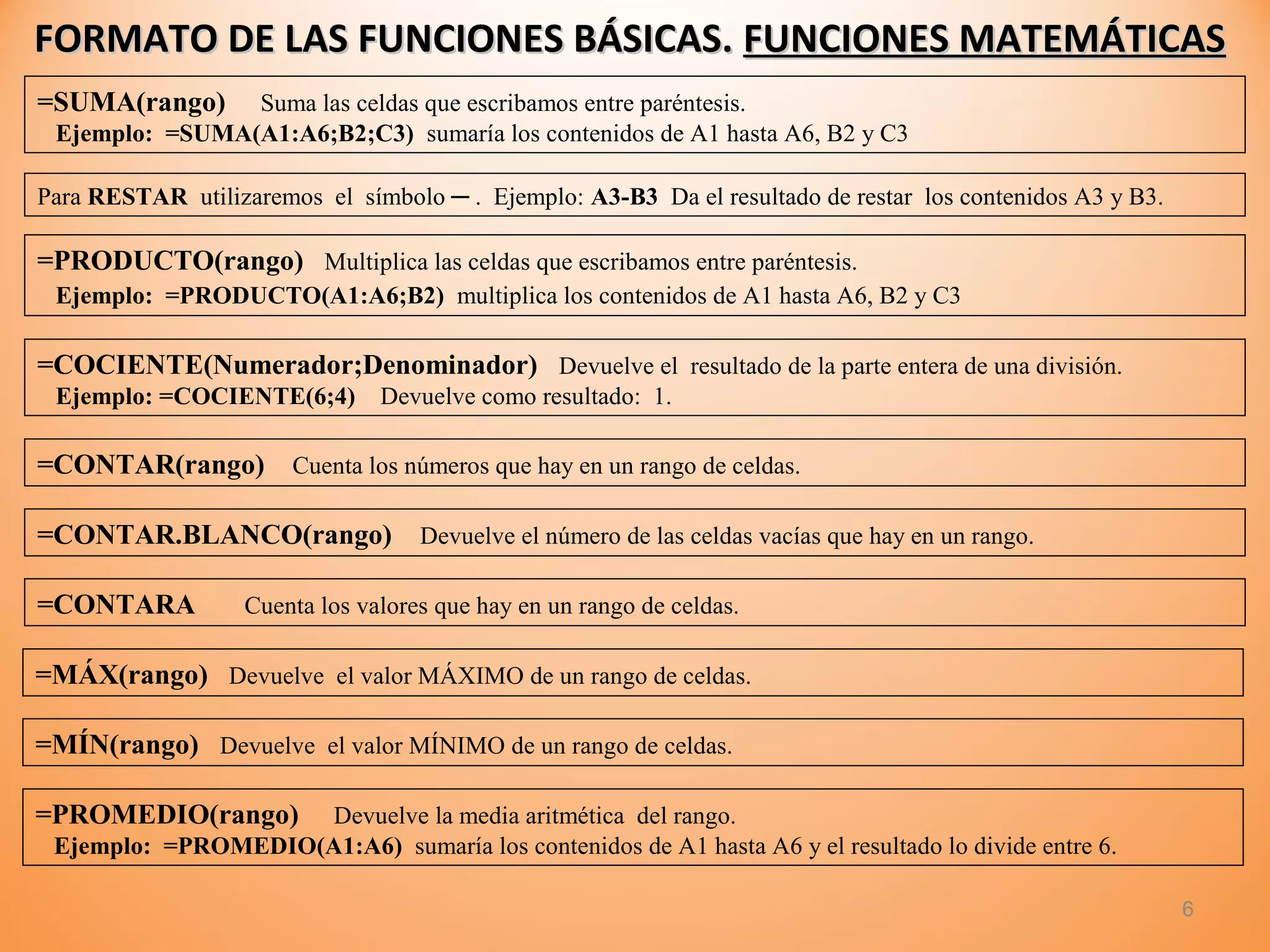 FORMATO DE LAS FUNCIONES BÁSICAS.FORMATO DE LAS FUNCIONES BÁSICAS. FUNCIONES MATEMÁTICASFUNCIONES MATEMÁTICAS
6
=SUMA(rango) Suma las celdas que escribamos entre paréntesis.
Ejemplo: =SUMA(A1:A6;B2;C3) sumaría los contenidos de A1 hasta A6, B2 y C3
=PRODUCTO(rango) Multiplica las celdas que escribamos entre paréntesis.
Ejemplo: =PRODUCTO(A1:A6;B2) multiplica los contenidos de A1 hasta A6, B2 y C3
Para RESTAR utilizaremos el símbolo ─ . Ejemplo: A3-B3 Da el resultado de restar los contenidos A3 y B3.
=COCIENTE(Numerador;Denominador) Devuelve el resultado de la parte entera de una división.
Ejemplo: =COCIENTE(6;4) Devuelve como resultado: 1.
=CONTAR(rango) Cuenta los números que hay en un rango de celdas.
=CONTAR.BLANCO(rango) Devuelve el número de las celdas vacías que hay en un rango.
=PROMEDIO(rango) Devuelve la media aritmética del rango.
Ejemplo: =PROMEDIO(A1:A6) sumaría los contenidos de A1 hasta A6 y el resultado lo divide entre 6.
=MÁX(rango) Devuelve el valor MÁXIMO de un rango de celdas.
=CONTARA Cuenta los valores que hay en un rango de celdas.
=MÍN(rango) Devuelve el valor MÍNIMO de un rango de celdas.
 
