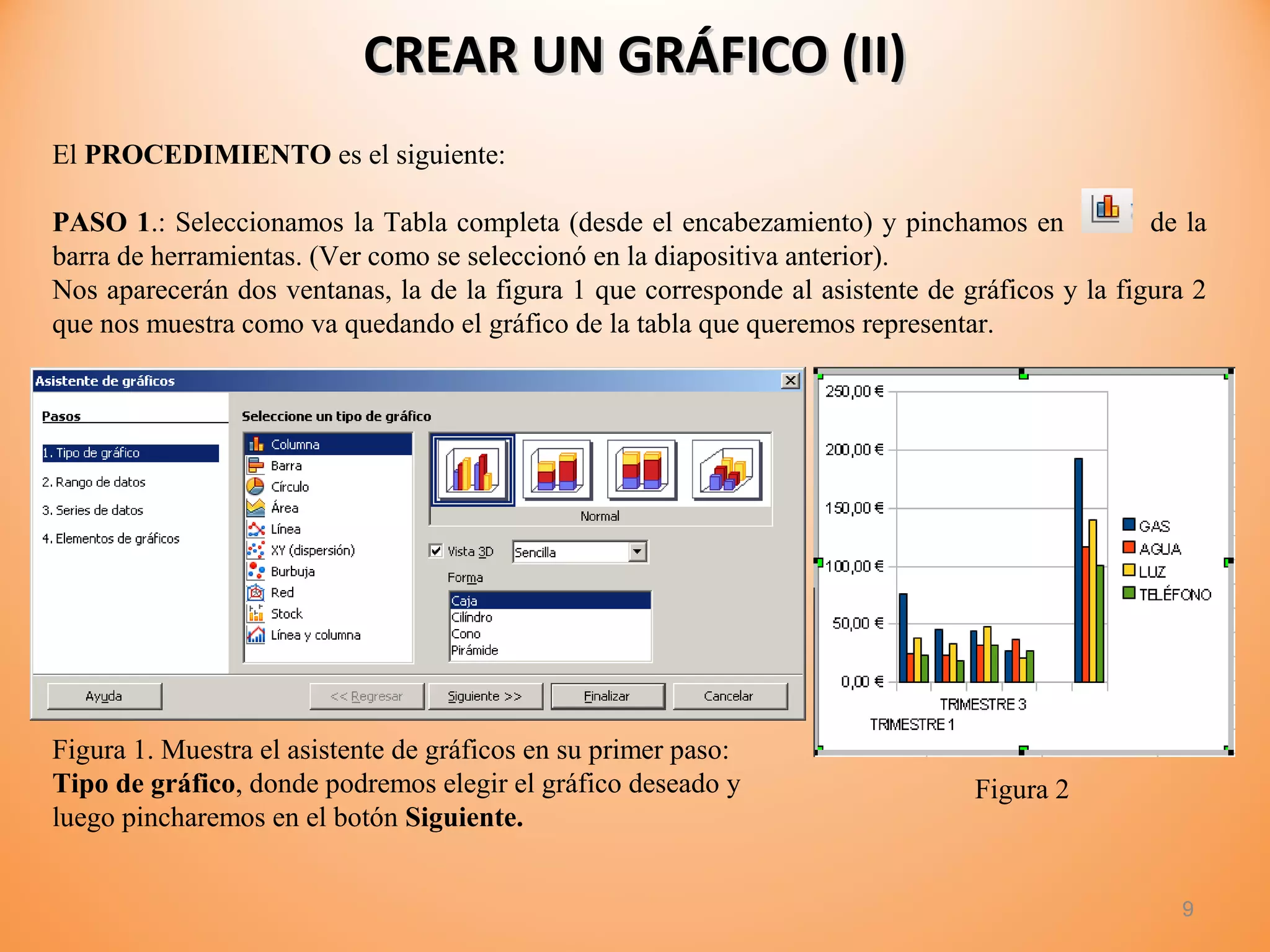 CREAR UN GRÁFICO (II)CREAR UN GRÁFICO (II)
9
El PROCEDIMIENTO es el siguiente:
PASO 1.: Seleccionamos la Tabla completa (desde el encabezamiento) y pinchamos en de la
barra de herramientas. (Ver como se seleccionó en la diapositiva anterior).
Nos aparecerán dos ventanas, la de la figura 1 que corresponde al asistente de gráficos y la figura 2
que nos muestra como va quedando el gráfico de la tabla que queremos representar.
Figura 1. Muestra el asistente de gráficos en su primer paso:
Tipo de gráfico, donde podremos elegir el gráfico deseado y
luego pincharemos en el botón Siguiente.
Figura 2
 