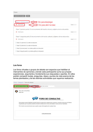 Los foros
Los foros virtuales o grupos de debate son espacios que habilitan el
intercambio de opiniones y donde cada participante suma sus propias
experiencias, argumenta y fundamenta sus respuestas o aportes. En ellos
podrán compartir dudas, preguntas, ideas y puntos de vista acerca de los
temas planteados y de las distintas actividades que vayamos realizando.
 