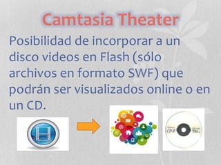 Camtasia Theater
Posibilidad de incorporar a un
disco videos en Flash (sólo
archivos en formato SWF) que
podrán ser visualizados online o en
un CD.
 