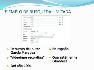 EJEMPLO DE BÚSQUEDA LIMITADA




   Recursos del autor         En español
    García Marquez
   “Videotape recording”      Que estén en la
                                Filmoteca
   Del año 1991
 