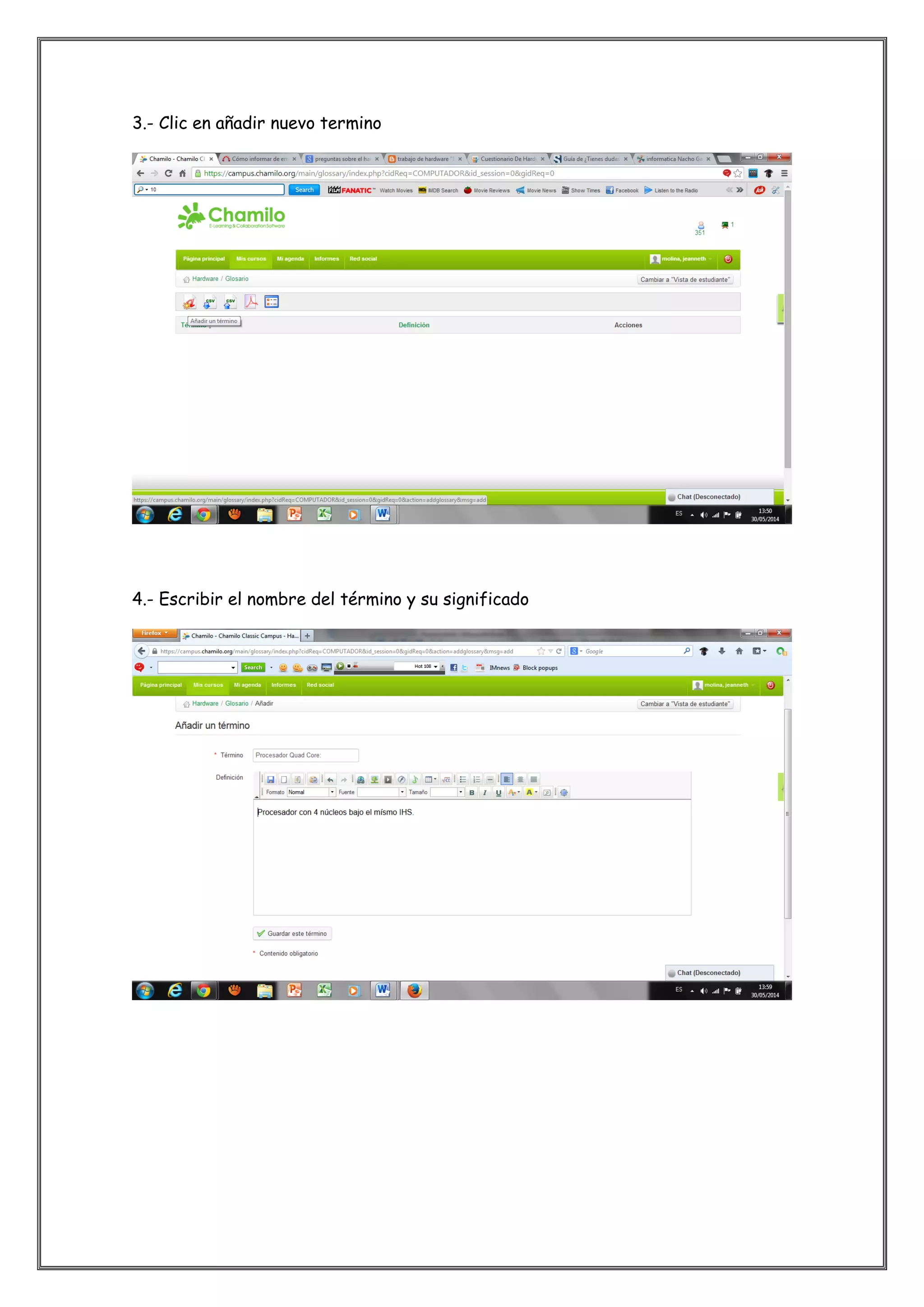 3.- Clic en añadir nuevo termino
4.- Escribir el nombre del término y su significado
 
