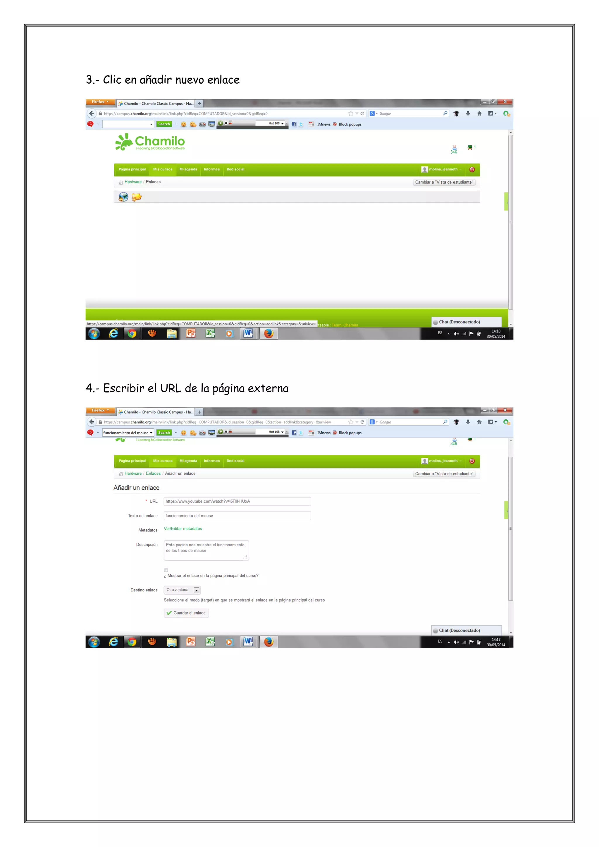 3.- Clic en añadir nuevo enlace
4.- Escribir el URL de la página externa
 
