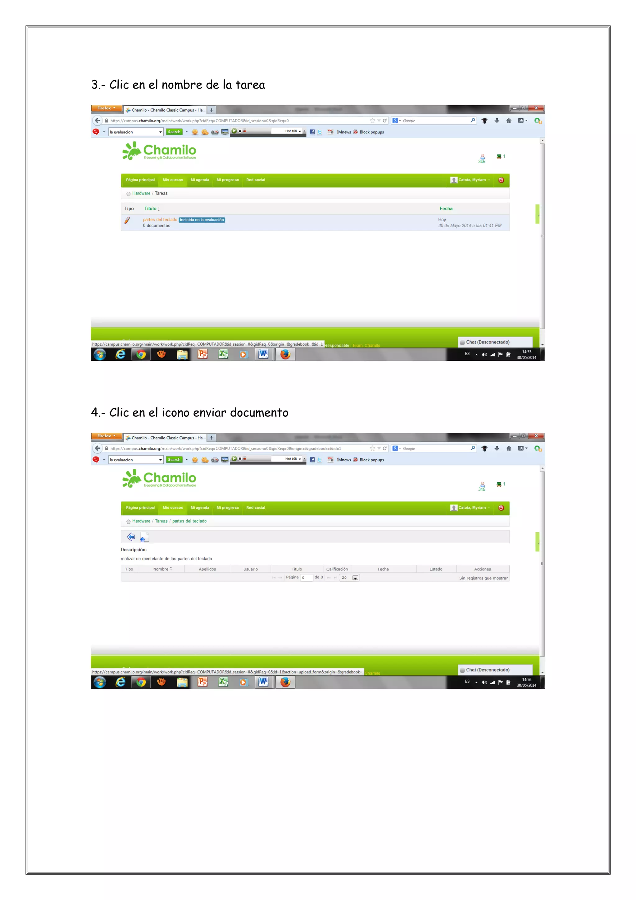 3.- Clic en el nombre de la tarea
4.- Clic en el icono enviar documento
 