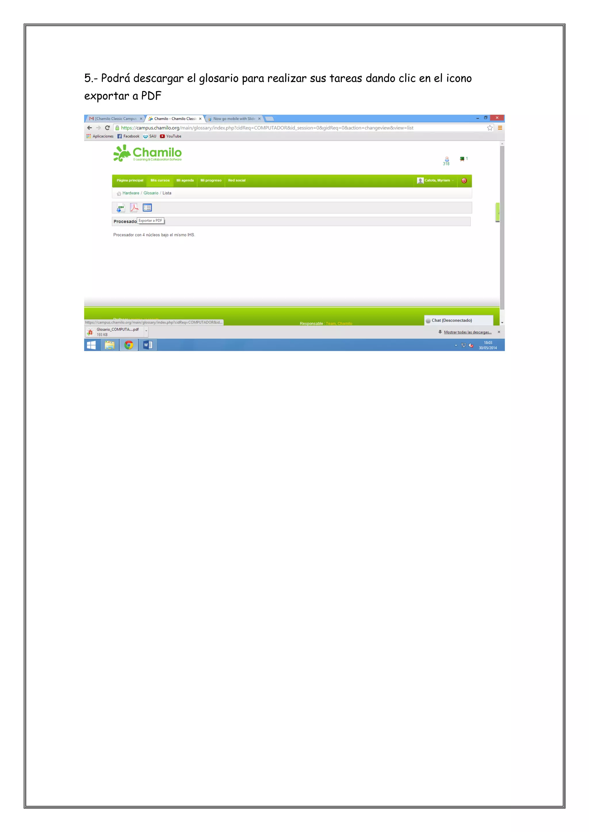 5.- Podrá descargar el glosario para realizar sus tareas dando clic en el icono
exportar a PDF
 