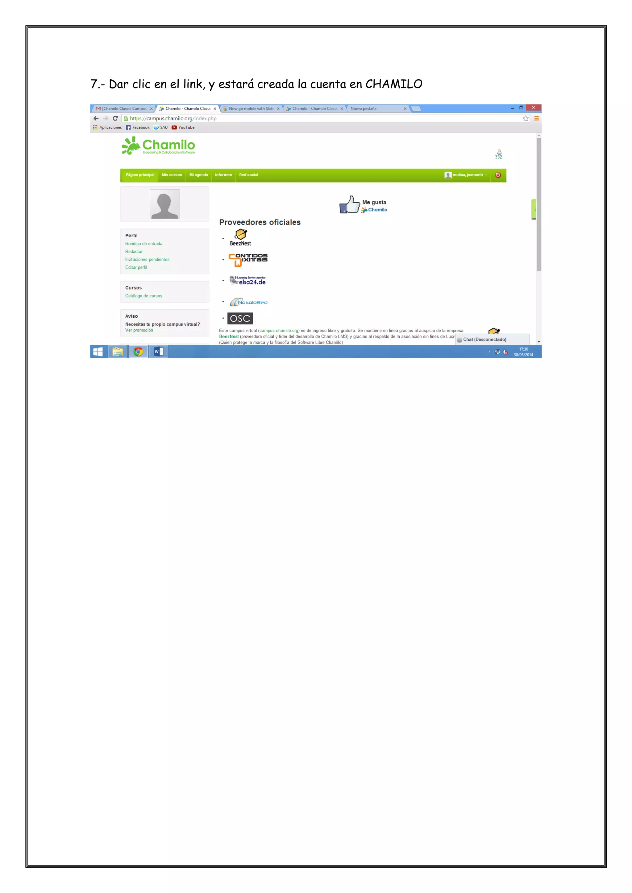 7.- Dar clic en el link, y estará creada la cuenta en CHAMILO
 