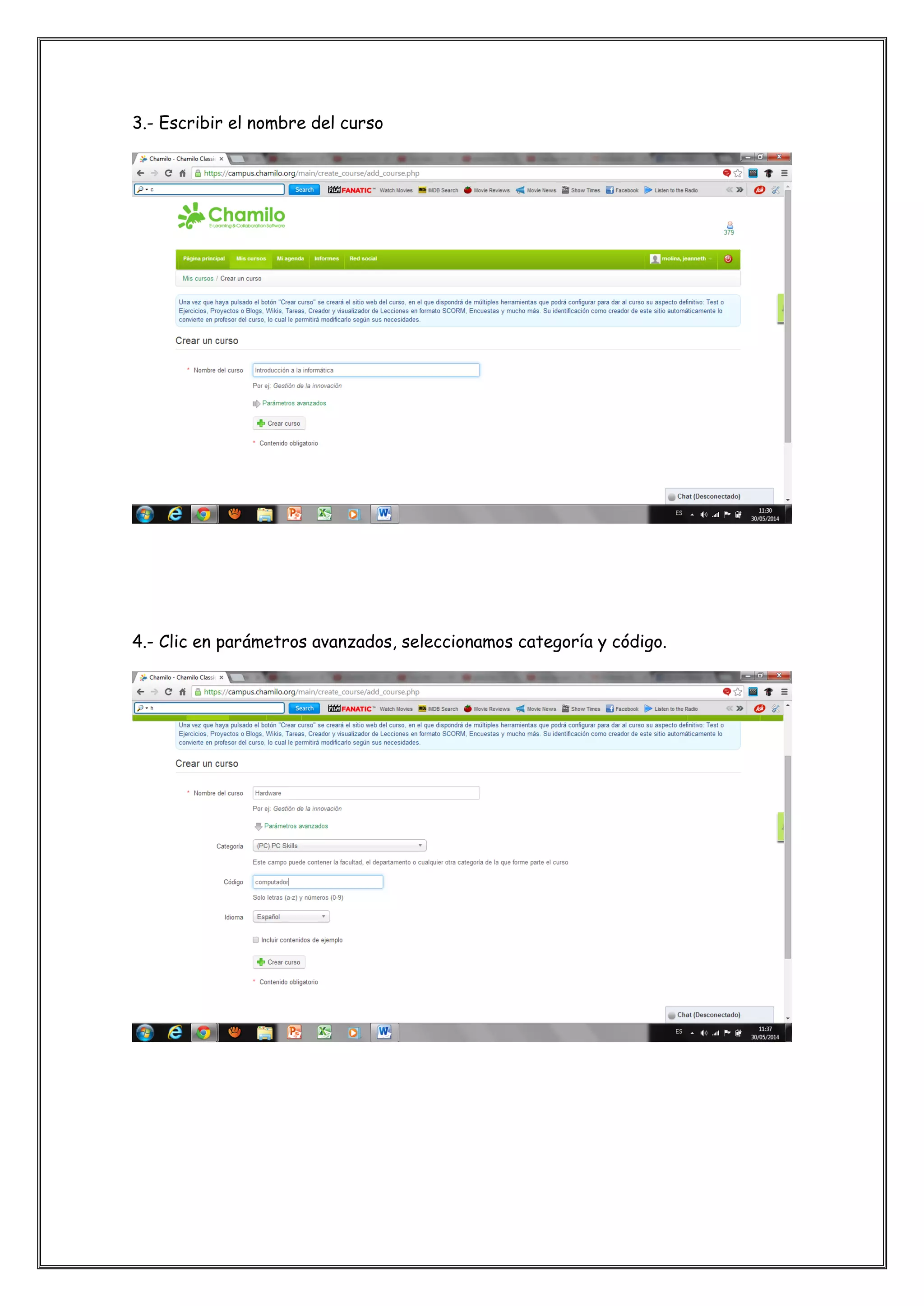 3.- Escribir el nombre del curso
4.- Clic en parámetros avanzados, seleccionamos categoría y código.
 