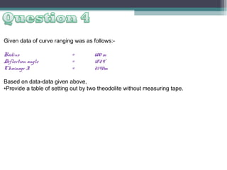 Given data of curve ranging was as follows:Radius
Deflection angle
Chainage I

=
=
=

600 m
18024’
2140m

Based on data-data given above,
•Provide a table of setting out by two theodolite without measuring tape.

 