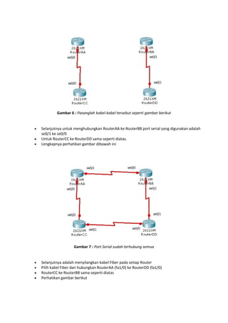 Gambar 6 : Pasanglah kabel-kabel tersebut seperti gambar berikut





Selanjutnya untuk menghubungkan RouterAA ke RouterBB port serial yang digunakan adalah
se0/1 ke se0/0
Untuk RouterCC ke RouterDD sama seperti diatas.
Lengkapnya perhatikan gambar dibawah ini

Gambar 7 : Port Serial sudah terhubung semua






Selanjutnya adalah menyilangkan kabel Fiber pada setiap Router
Pilih kabel Fiber dan hubungkan RouterAA (fa1/0) ke RouterDD (fa1/0)
RouterCC ke RouterBB sama seperti diatas
Perhatikan gambar berikut

 