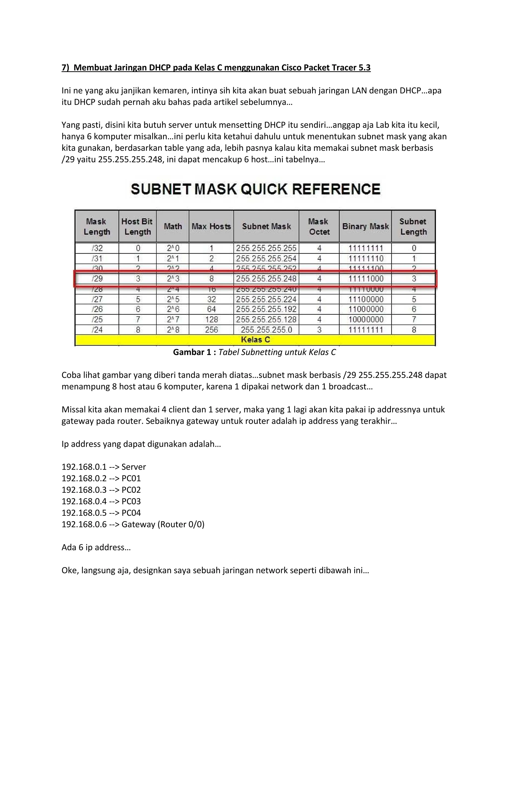 7) Membuat Jaringan DHCP pada Kelas C menggunakan Cisco Packet Tracer 5.3
Ini ne yang aku janjikan kemaren, intinya sih kita akan buat sebuah jaringan LAN dengan DHCP apa
itu DHCP sudah pernah aku bahas pada artikel sebelumnya
Yang pasti, disini kita butuh server untuk mensetting DHCP itu sendiri anggap aja Lab kita itu kecil,
hanya 6 komputer misalkan ini perlu kita ketahui dahulu untuk menentukan subnet mask yang akan
kita gunakan, berdasarkan table yang ada, lebih pasnya kalau kita memakai subnet mask berbasis
/29 yaitu 255.255.255.248, ini dapat mencakup 6 host ini tabelnya
Gambar 1 : Tabel Subnetting untuk Kelas C
Coba lihat gambar yang diberi tanda merah diatas subnet mask berbasis /29 255.255.255.248 dapat
menampung 8 host atau 6 komputer, karena 1 dipakai network dan 1 broadcast
Missal kita akan memakai 4 client dan 1 server, maka yang 1 lagi akan kita pakai ip addressnya untuk
gateway pada router. Sebaiknya gateway untuk router adalah ip address yang terakhir
Ip address yang dapat digunakan adalah
192.168.0.1 --> Server
192.168.0.2 --> PC01
192.168.0.3 --> PC02
192.168.0.4 --> PC03
192.168.0.5 --> PC04
192.168.0.6 --> Gateway (Router 0/0)
Ada 6 ip address
Oke, langsung aja, designkan saya sebuah jaringan network seperti dibawah ini
 