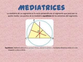 Mediatrices
  La mediatriz de un segmento es la recta perpendicular al segmento que pasa por su
   punto medio. Los puntos de la mediatriz equidistan de los extremos del segmento.




Equidistan: Hallarse uno o más puntos, líneas, planos o sólidos a la misma distancia entre sí o con
    respecto a otro u otros.
 