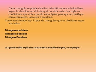 Cada triangulo se puede clasificar identificando sus lados.Para
  lograr la clasificacion del triangulo se debe saber las reglas o
  condiciones que debe cumplir cada figura para que se clasifique
  como equilatero, isosceles o escaleno.
Como mencionado hay 3 tipos de triangulos que se clasifican segun
  sus lados:

Triangulo equilatero
Triangulo isosceles
Triangulo Escaleno



La siguiente tabla explica las caracteristicas de cada triangulo, y un ejemplo.
 