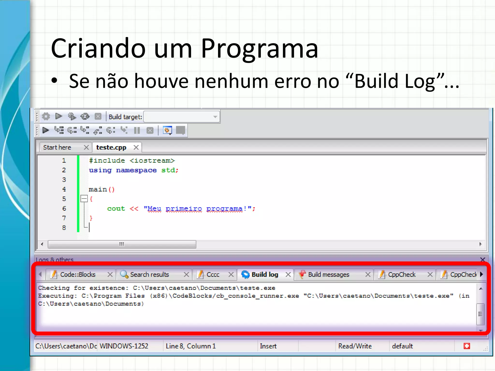 Criando um Programa
• Se não houve nenhum erro no “Build Log”...
 