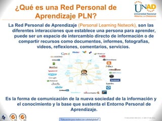 ¿Qué es una Red Personal de
         Aprendizaje PLN?
 La Red Personal de Aprendizaje (Personal Learning Network), son las
  diferentes interacciones que establece una persona para aprender,
   puede ser un espacio de intercambio directo de información o de
     compartir recursos como documentos, informes, fotografías,
              videos, reflexiones, comentarios, servicios.




Es la forma de comunicación de la nueva sociedad de la información y
      el conocimiento y la base que sustenta el Entorno Personal de
                               Aprendizaje.
                                                     FI-GQ-GCMU-004-015 V. 000-27-08-2011
 