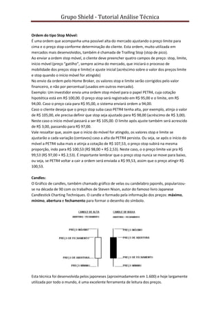 Grupo Shield - Tutorial Análise Técnica


Ordem do tipo Stop Móvel:
É uma ordem que acompanha uma possível alta do mercado ajustando o preço limite para
cima e o preço stop conforme determinação do cliente. Esta ordem, muito utilizada em
mercados mais desenvolvidos, também é chamada de Trailling Stop (stop de pico).
Ao enviar a ordem stop móvel, o cliente deve preencher quatro campos de preço: stop, limite,
início móvel (preço “gatilho”, sempre acima do mercado, que iniciará o processo de
mobilidade dos preços stop e limite) e ajuste inicial (acréscimo sobre o valor dos preços limite
e stop quando o início móvel for atingido)
No envio da ordem pelo Home Broker, os valores stop e limite serão corrigidos pelo valor
financeiro, e não por percentual (usados em outros mercado).
Exemplo: Um investidor envia uma ordem stop móvel para o papel PETR4, cuja cotação
hipotética está em R$ 100,00. O preço stop será registrado em R$ 95,00 e o limite, em R$
94,00. Caso o preço caia para R$ 95,00, o sistema enviará ordem a 94,00.
Caso o cliente deseja que o preço stop suba caso PETR4 tenha alta, por exemplo, atinja o valor
de R$ 105,00, ele precisa definir que stop seja ajustado para R$ 98,00 (acréscimo de R$ 3,00).
Neste caso o início móvel passará a ser R$ 105,00. O limite após ajuste também será acrescido
de R$ 3,00, passando para R$ 97,00.
Vale ressaltar que, assim que o início do móvel for atingido, os valores stop e limite se
ajustarão a cada variação (centavos) caso a alta da PETR4 persista. Ou seja, se após o início do
móvel a PETR4 suba mais e atinja a cotação de R$ 107,53, o preço stop subirá na mesma
proporção, indo para R$ 100,53 (R$ 98,00 + R$ 2,53). Neste caso, o o preço limite vai pra R$
99,53 (R$ 97,00 + R$ 2,53). É importante lembrar que o preço stop nunca se move para baixo,
ou seja, se PETR4 voltar a cair a ordem será enviada a R$ 99,53, assim que o preço atingir R$
100,53.

Candles:
O Gráfico de candles, também chamado gráfico de velas ou candelabro japonês, popularizou-
se na década de 90 com os trabalhos de Steven Nison, autor do famoso livro Japanese
Candlestick Charting Techniques. O candle e formado pela informação dos preços: máximo,
mínimo, abertura e fechamento para formar o desenho do símbolo.




Esta técnica foi desenvolvida pelos japoneses (aproximadamente em 1.600) e hoje largamente
utilizada por todo o mundo, é uma excelente ferramenta de leitura dos preços.
 