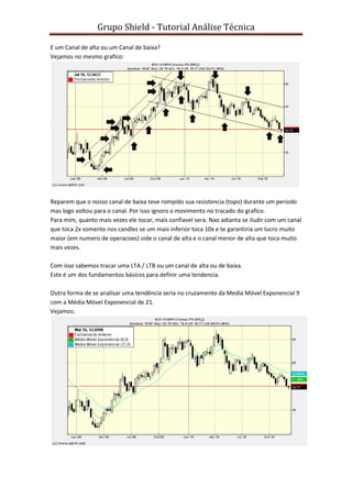 Grupo Shield - Tutorial Análise Técnica

E um Canal de alta ou um Canal de baixa?
Vejamos no mesmo grafico:




Reparem que o nosso canal de baixa teve rompido sua resistencia (topo) durante um periodo
mas logo voltou para o canal. Por isso ignoro o movimento no tracado do grafico.
Para mim, quanto mais vezes ele tocar, mais confiavel sera. Nao adianta se iludir com um canal
que toca 2x somente nos candles se um mais inferior toca 10x e te garantiria um lucro muito
maior (em numero de operacoes) vide o canal de alta e o canal menor de alta que toca muito
mais vezes.

Com isso sabemos tracar uma LTA / LTB ou um canal de alta ou de baixa.
Este é um dos fundamentos básicos para definir uma tendencia.

Outra forma de se analisar uma tendência seria no cruzamento da Media Móvel Exponencial 9
com a Média Móvel Exponencial de 21.
Vejamos:
 