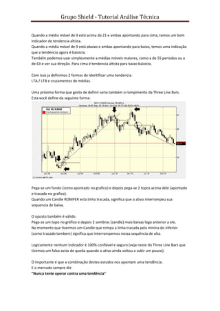 Grupo Shield - Tutorial Análise Técnica


Quando a média móvel de 9 está acima da 21 e ambas apontando para cima, temos um bom
indicador de tendencia altista.
Quando a média móvel de 9 está abaixo e ambas apontando para baixo, temos uma indicação
que a tendencia agora é baixista.
Também podemos usar simplesmente a médias móveis maiores, como a de 55 periodos ou a
de 63 e ver sua direção. Para cima é tendencia altista para baixo baixista.

Com isso ja definimos 2 formas de identificar uma tendencia.
LTA / LTB e cruzamentos de médias.

Uma próxima forma que gosto de definir seria também o rompimento da Three Line Bars.
Esta você define da seguinte forma:




Pega-se um fundo (como apontado no grafico) e depois pega-se 2 topos acima dele (apontado
e tracado no grafico).
Quando um Candle ROMPER esta linha tracada, significa que o ativo interrompeu sua
sequencia de baixa.

O oposto também é válido.
Pega-se um topo no gráfico e depois 2 sombras (candle) mais baixas logo anterior a ele.
No momento que tivermos um Candle que rompa a linha tracada pela minina do inferior
(como tracado tambem) significa que interrompemos nossa sequência de alta.

Logicamente nenhum indicador é 100% confiável e seguro (veja neste do Three Line Bars que
tivemos um falso aviso de queda quando o ativo ainda voltou a subir um pouco).

O importante é que a combinação destes estudos nos apontam uma tendência.
E o mercado sempre diz:
"Nunca tente operar contra uma tendência"
 