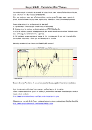 Grupo Shield - Tutorial Análise Técnica

Durante o pregao o preco foi retornando ao ponto inicial e ate mesmo fechando positivo. Ou
seja, o martelo nao depende da cor do Candle.
Com isso podemos supor que a forca vendedora tentou uma ultima vez levar a queda do
preço, mas o mercado recusou e em alguns casos ate levou o ativo para o campo positivo.

Quais as caracteristicas fundamentais do Martelo?
1 - Ter a sombra composta por pelo menos 2/3 do Candle.
2 - Logicamente ter o corpo sendo composto por ATE 1/3 do Candle.
3 - Nao ter sombra superior (isto é polemico, pois muitos analistas consideram como martelo
caso tenha alguma sombra minima superior).
4 - Vir logo apos uma sequencia de queda. Se vier em sequencia de alta não é martelo. Mas
sim homem enforcado. Candle que discutiremos mais adiante.

Vamos a um exemplo de martelo em BVMF3 pelo semanal:




Existem dezenas / centenas de combinações de Candles que podem te orientar nos trades.


Uma forma muito eficiente e interessante é analisar figuras de formação.
Como existem dezenas de figuras de formação, recomendo entrar em nosso site para verificar
nosso estudo postado:
http://www.gruposhieldforum.com/figuras-de-formacao-t28.html

Abaixo segue a sessão deste forum criada exclusivamente para o estudo geral de Candlesticks:
http://www.gruposhieldforum.com/candlesticks-f13.html
 