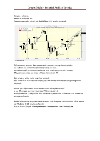 Grupo Shield - Tutorial Análise Técnica


Simples e eficiente.
Média de acerto de 70%.
Segue um exemplo real retirado da VALE5 de 2010 (grafico semanal):




Nele podemos perceber diversas operações com sucesso usando esta técnica.
As 2 ultimas até com um lucro bem expressivo por sinal.
No meio do grafico temos um candle que teria gerado uma operação stopada.
Mas, como sabemos, não existe 100% de eficiência em AT.

Este setup eu utilizo muito no grafico semanal.
Pois como disse no inicio deste tutorial, sou POSITION e trabalho com setups em gráficos
semanais.

Agora, que tal juntar este setup acima com o IFR que já estudamos?
A sua diferença é que nele incluimos o IFR (normal, de 14).
Caso você efetue a compra com o IFR abaixo de 50, então suas chances de lucro aumentam
consideravelmente.

Então, basicamente neste caso o que devemos fazer é seguir o estudo anterior e ficar atento
ao IFR abaixo de 50. Simples e eficiente.
Isto se chama comprar no rompimento do candle anterior com o filtro do IFR.
 