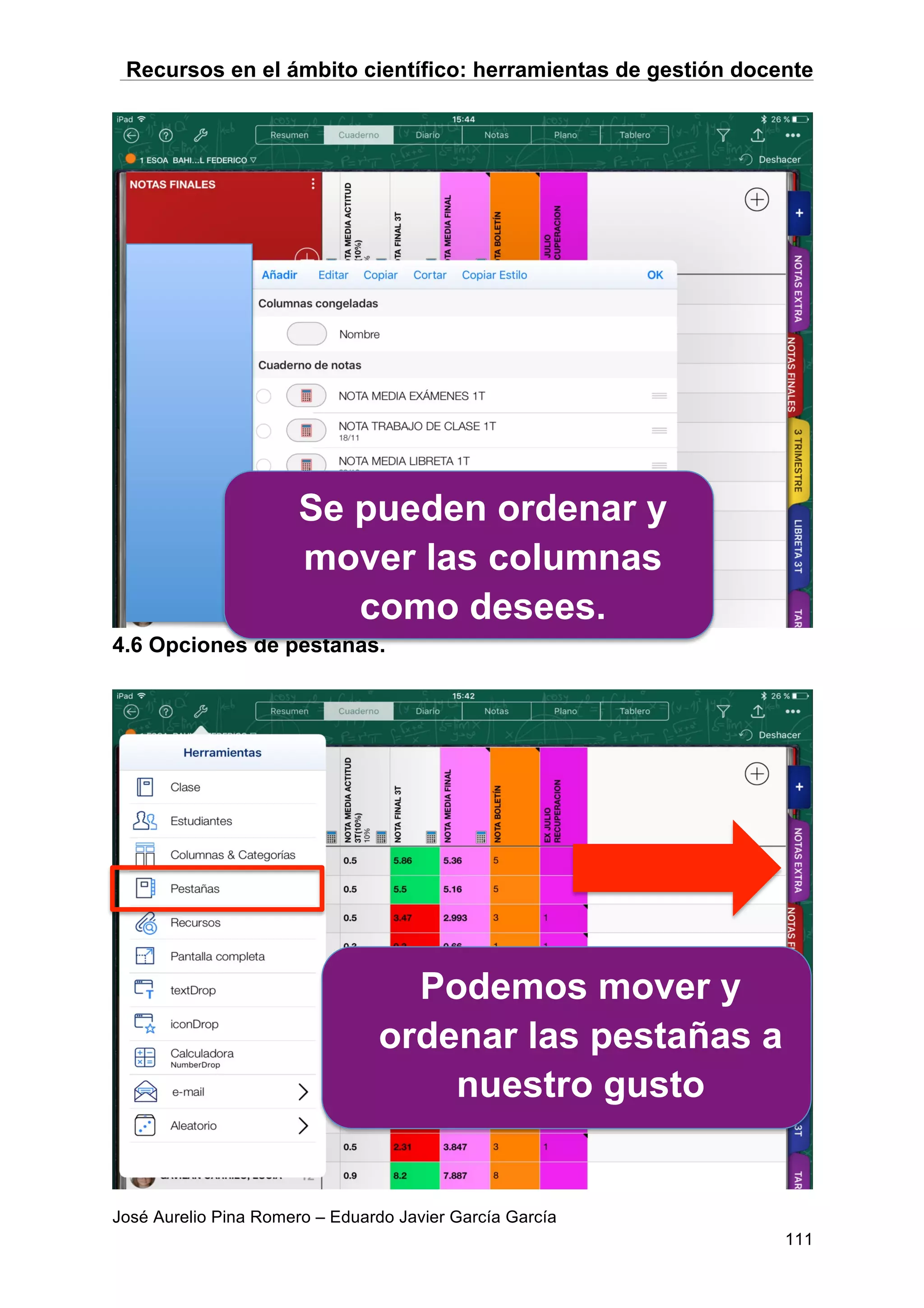 Recursos en el ámbito científico: herramientas de gestión docente
José Aurelio Pina Romero – Eduardo Javier García García
111
4.6 Opciones de pestañas.
Podemos mover y
ordenar las pestañas a
nuestro gusto
Se pueden ordenar y
mover las columnas
como desees.
 