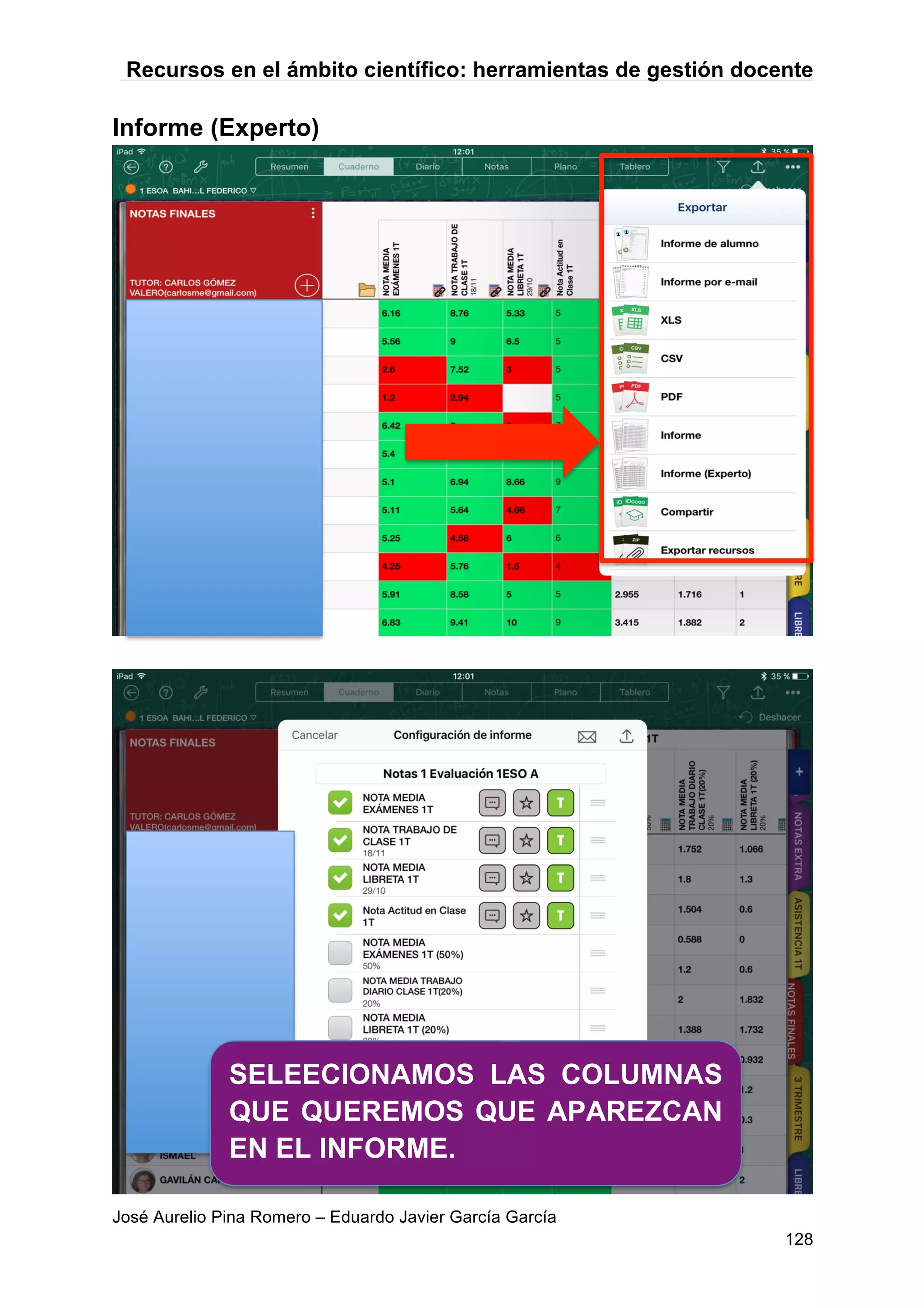 Recursos en el ámbito científico: herramientas de gestión docente
José Aurelio Pina Romero – Eduardo Javier García García
128
Informe (Experto)
SELEECIONAMOS LAS COLUMNAS
QUE QUEREMOS QUE APAREZCAN
EN EL INFORME.
 