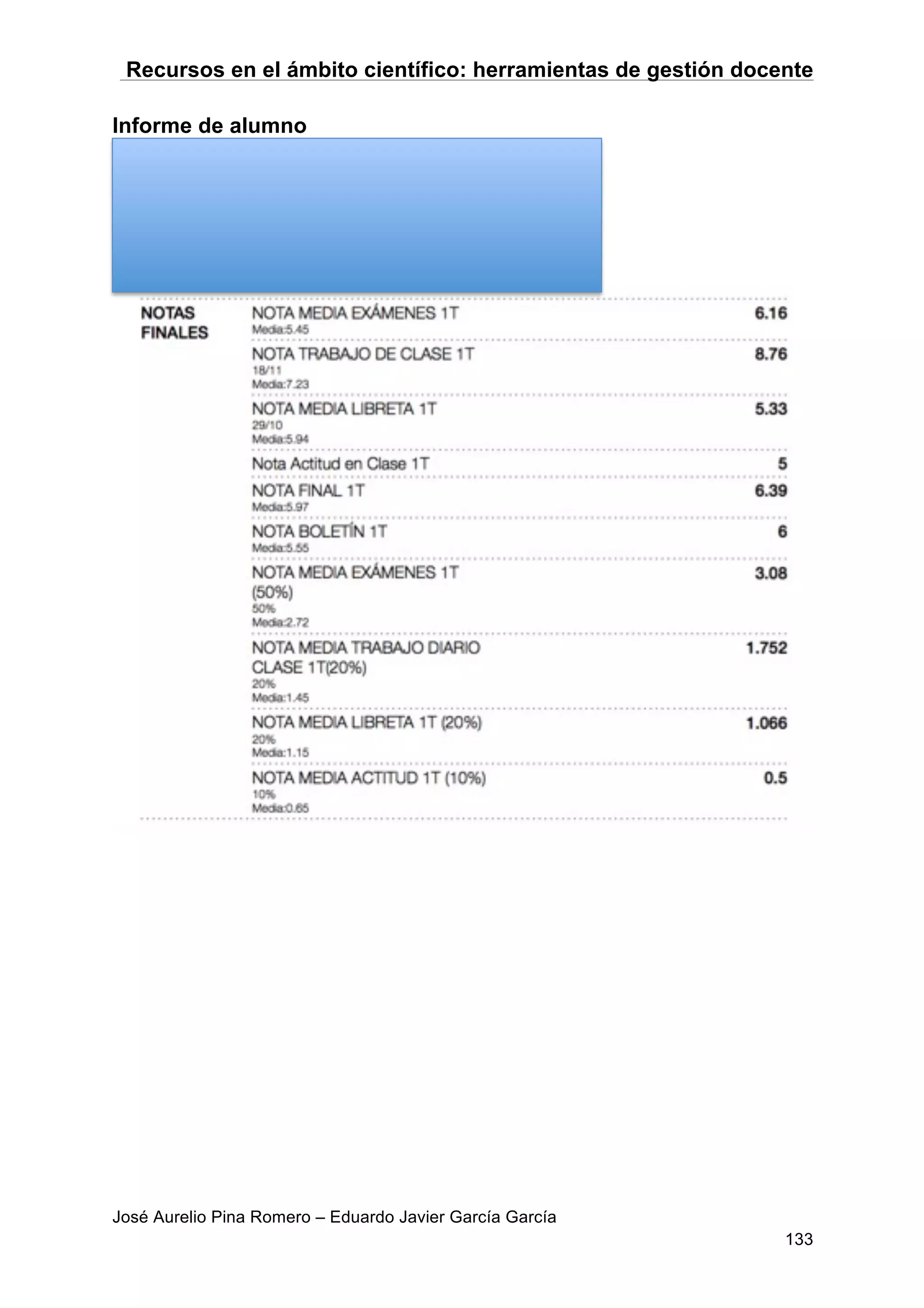 Recursos en el ámbito científico: herramientas de gestión docente
José Aurelio Pina Romero – Eduardo Javier García García
133
Informe de alumno
 