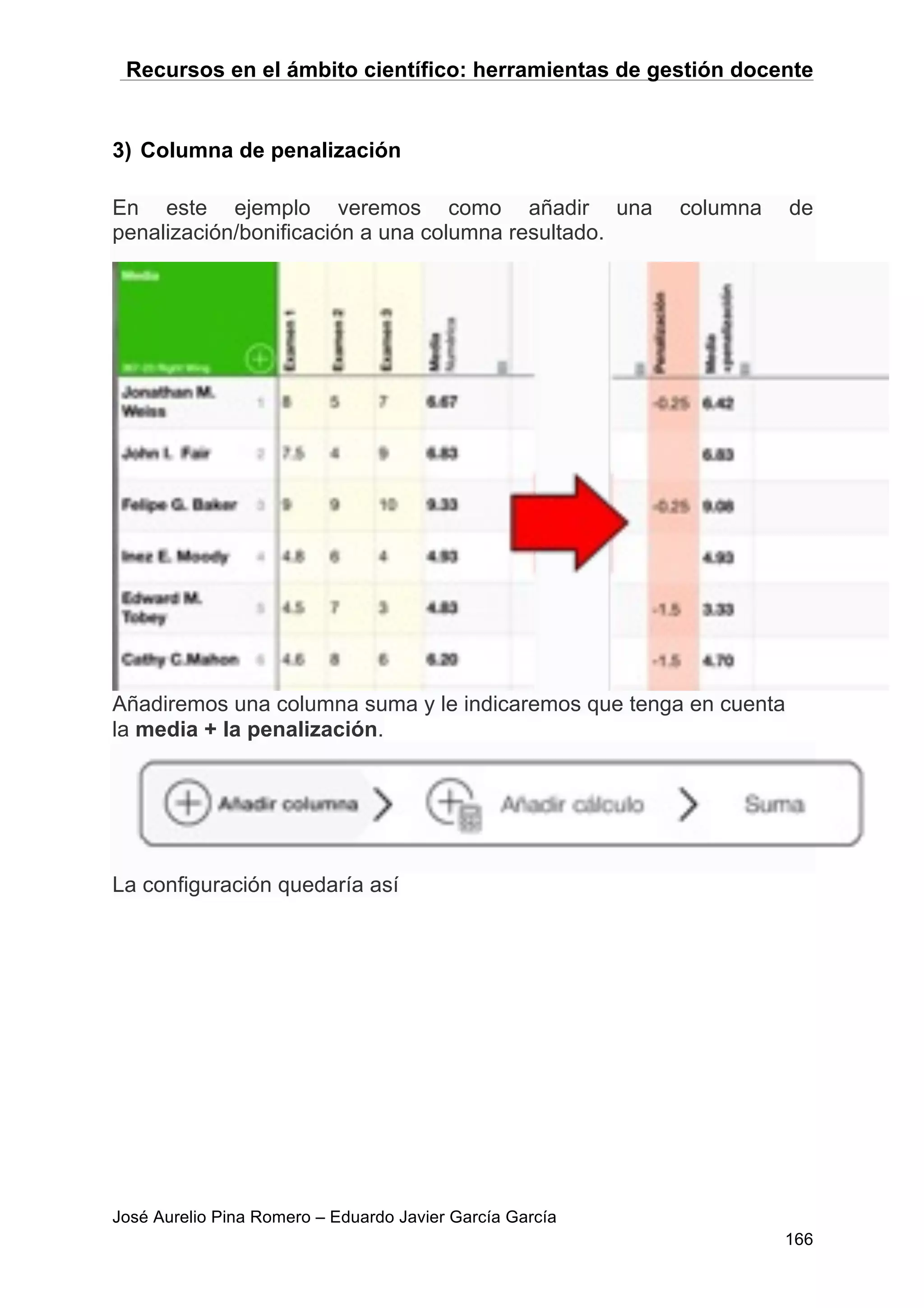 Recursos en el ámbito científico: herramientas de gestión docente
José Aurelio Pina Romero – Eduardo Javier García García
166
3) Columna de penalización
En este ejemplo veremos como añadir una columna de
penalización/bonificación a una columna resultado.
Añadiremos una columna suma y le indicaremos que tenga en cuenta
la media + la penalización.
La configuración quedaría así
 