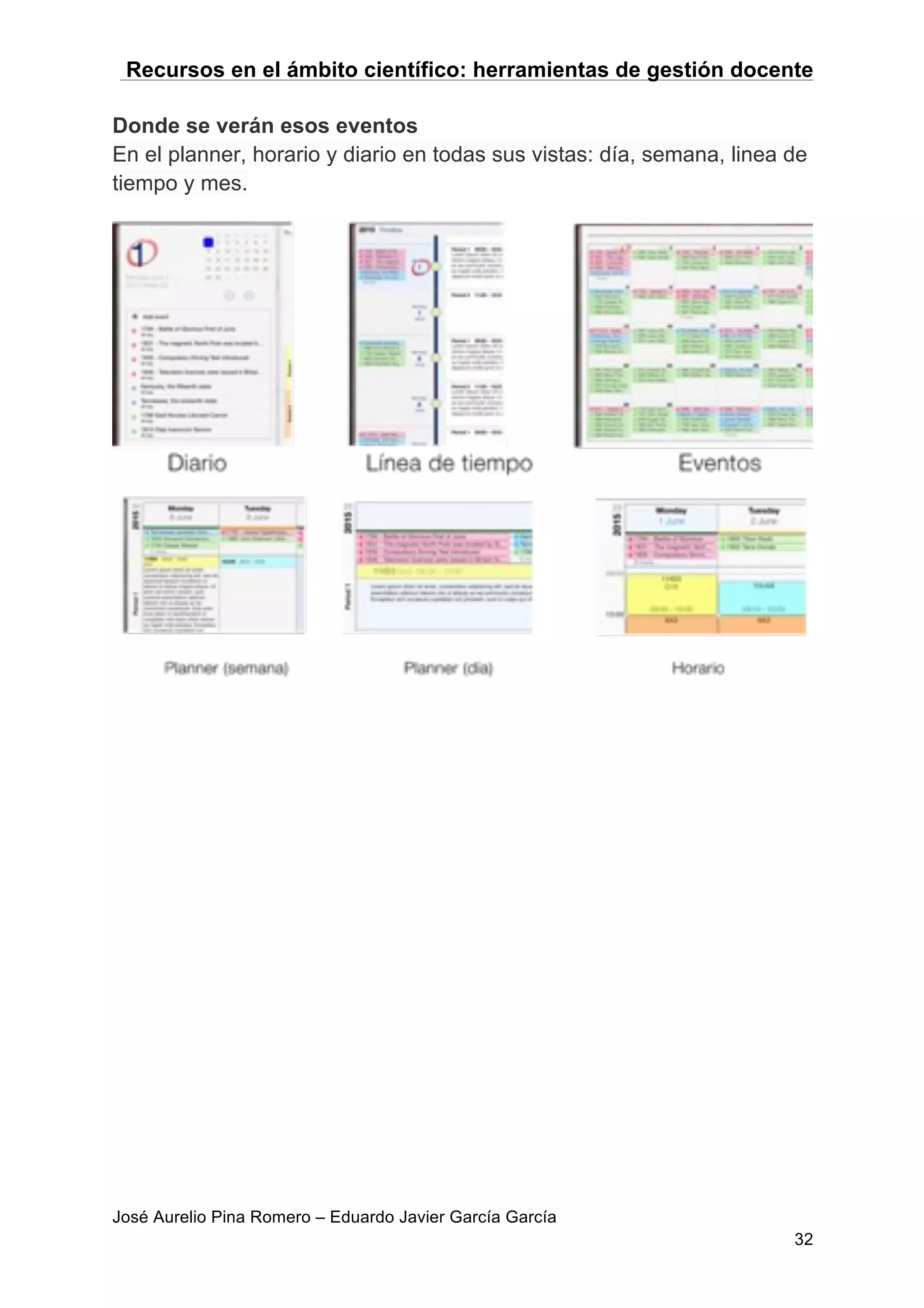 Recursos en el ámbito científico: herramientas de gestión docente
José Aurelio Pina Romero – Eduardo Javier García García
32
Donde se verán esos eventos
En el planner, horario y diario en todas sus vistas: día, semana, linea de
tiempo y mes.
 