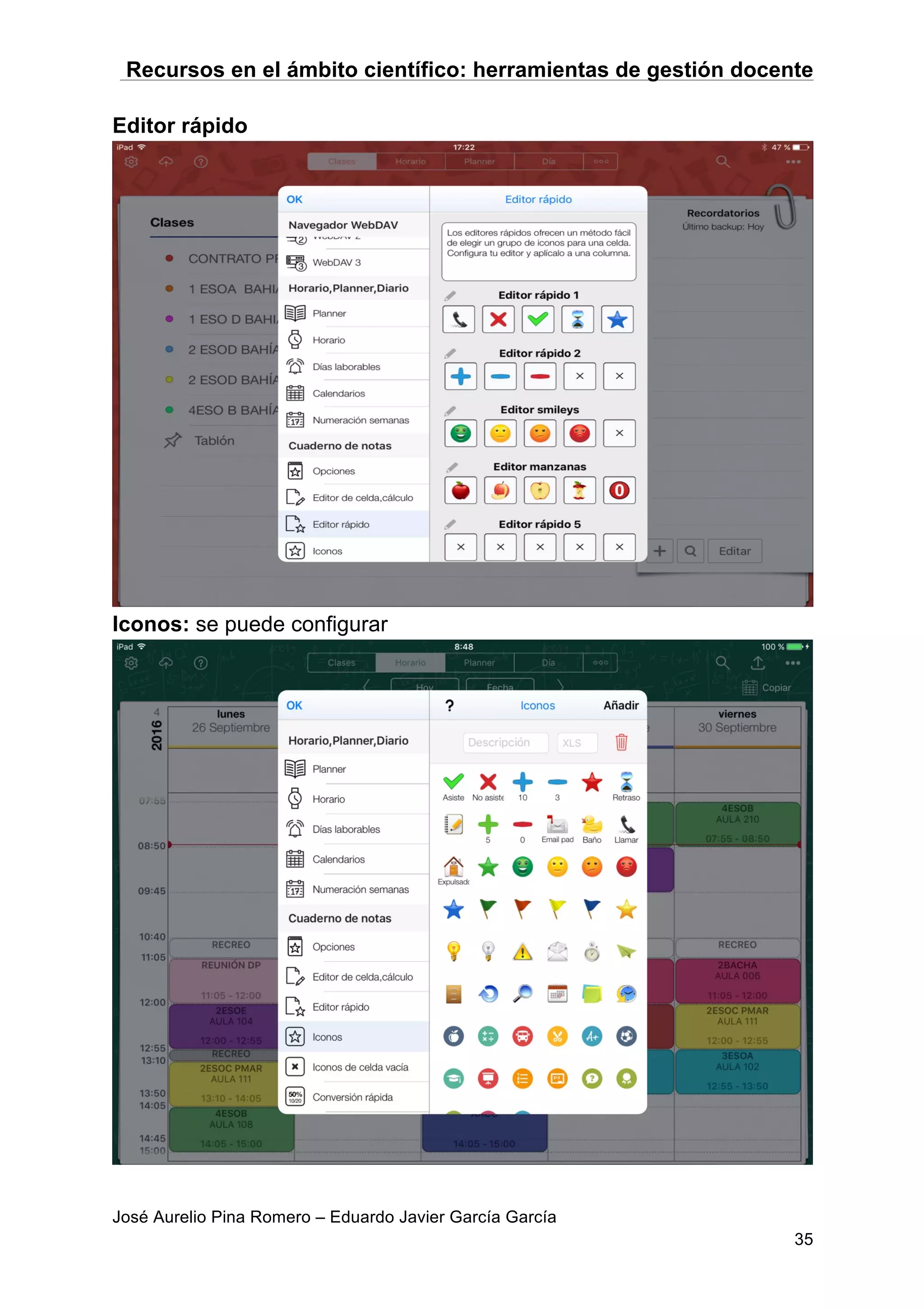 Recursos en el ámbito científico: herramientas de gestión docente
José Aurelio Pina Romero – Eduardo Javier García García
35
Editor rápido
Iconos: se puede configurar
 