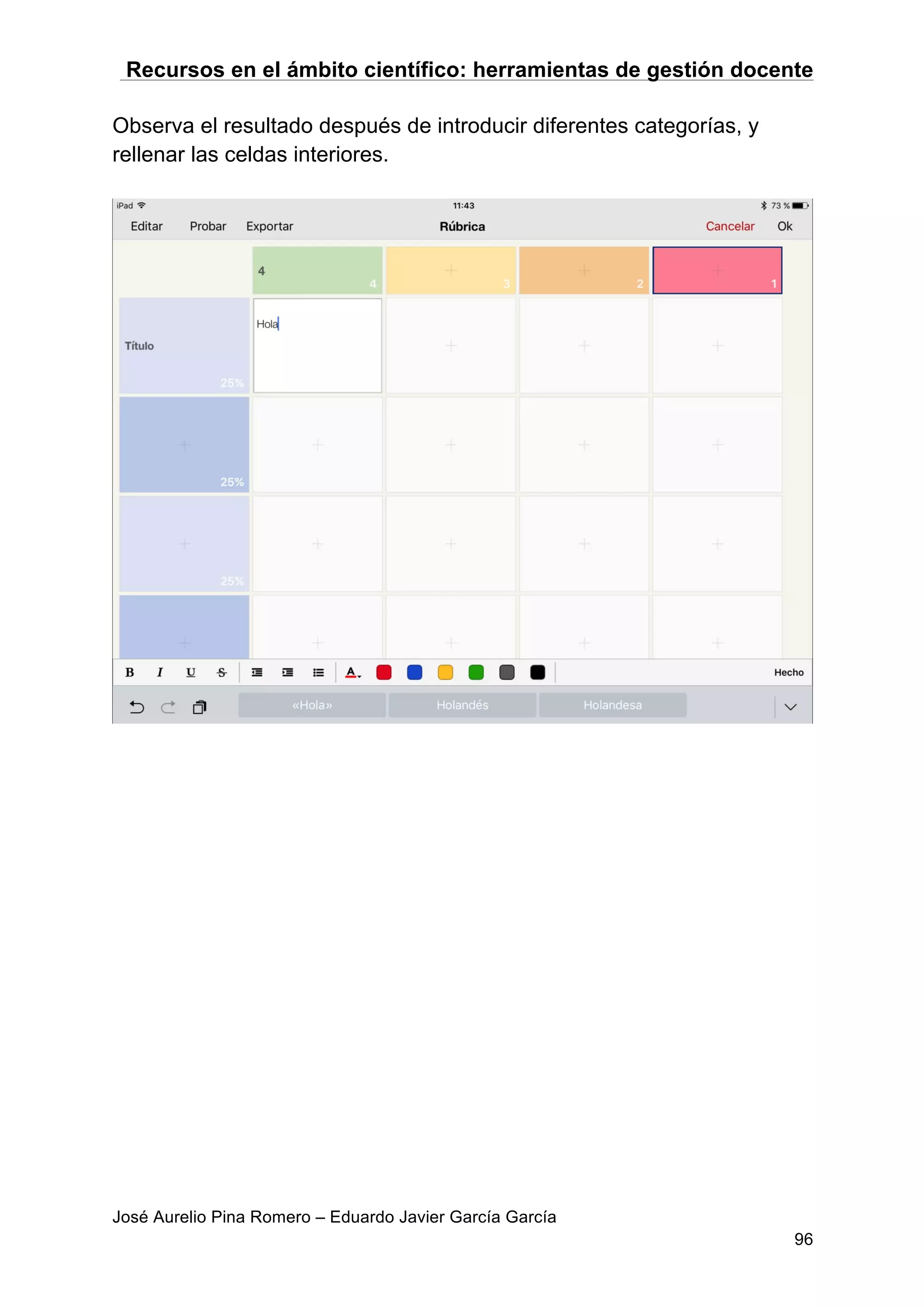 Recursos en el ámbito científico: herramientas de gestión docente
José Aurelio Pina Romero – Eduardo Javier García García
96
Observa el resultado después de introducir diferentes categorías, y
rellenar las celdas interiores.
 