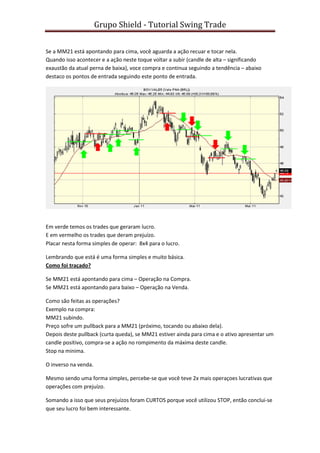 Grupo Shield - Tutorial Swing Trade


Se a MM21 está apontando para cima, você aguarda a ação recuar e tocar nela.
Quando isso acontecer e a ação neste toque voltar a subir (candle de alta – significando
exaustão da atual perna de baixa), voce compra e continua seguindo a tendência – abaixo
destaco os pontos de entrada seguindo este ponto de entrada.




Em verde temos os trades que geraram lucro.
E em vermelho os trades que deram prejuízo.
Placar nesta forma simples de operar: 8x4 para o lucro.

Lembrando que está é uma forma simples e muito básica.
Como foi traçado?

Se MM21 está apontando para cima – Operação na Compra.
Se MM21 está apontando para baixo – Operação na Venda.

Como são feitas as operações?
Exemplo na compra:
MM21 subindo.
Preço sofre um pullback para a MM21 (próximo, tocando ou abaixo dela).
Depois deste pullback (curta queda), se MM21 estiver ainda para cima e o ativo apresentar um
candle positivo, compra-se a ação no rompimento da máxima deste candle.
Stop na minima.

O inverso na venda.

Mesmo sendo uma forma simples, percebe-se que você teve 2x mais operaçoes lucrativas que
operações com prejuízo.

Somando a isso que seus prejuízos foram CURTOS porque você utilizou STOP, então conclui-se
que seu lucro foi bem interessante.
 