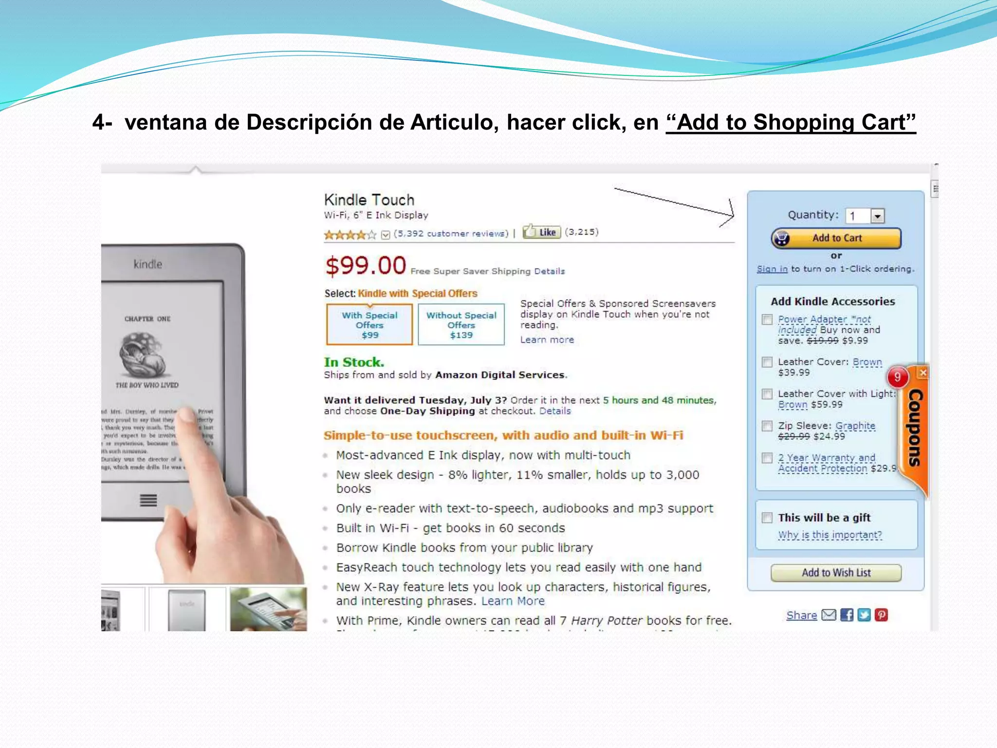 4- ventana de Descripción de Articulo, hacer click, en “Add to Shopping Cart”
 