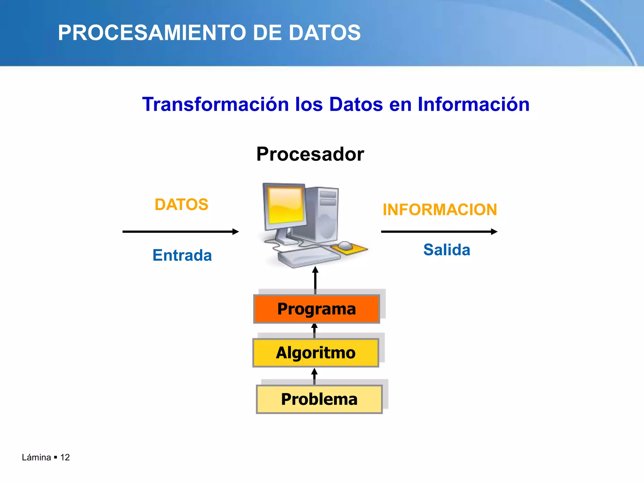 PROCESAMIENTO DE DATOS


              Transformación los Datos en Información

                         Procesador

               DATOS                   INFORMACION

               Entrada                    Salida


                           Programa

                           Algoritmo

                           Problema


Lámina  12
 