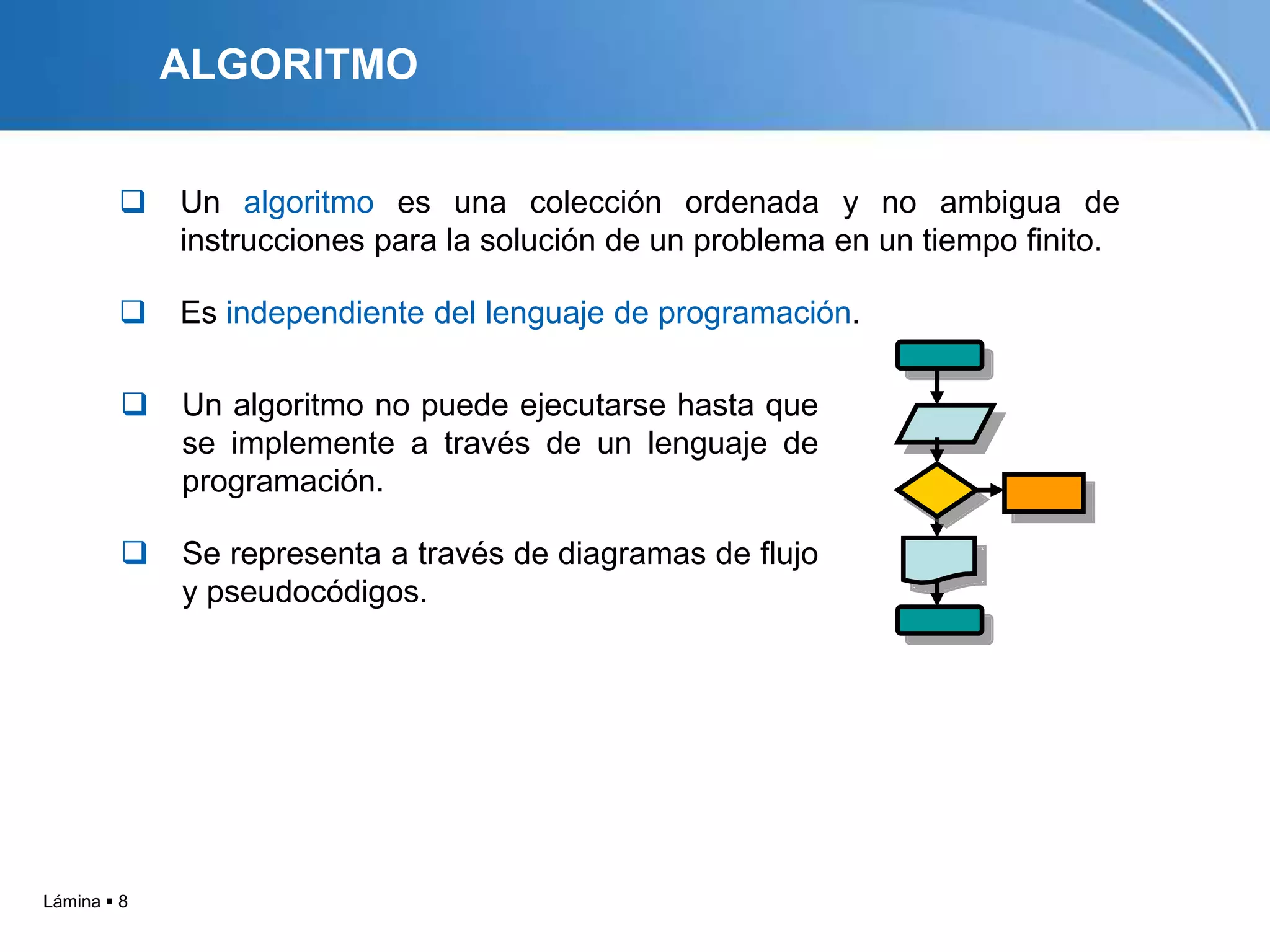 ALGORITMO


            Un algoritmo es una colección ordenada y no ambigua de
             instrucciones para la solución de un problema en un tiempo finito.

            Es independiente del lenguaje de programación.

            Un algoritmo no puede ejecutarse hasta que
             se implemente a través de un lenguaje de
             programación.

            Se representa a través de diagramas de flujo
             y pseudocódigos.




Lámina  8
 